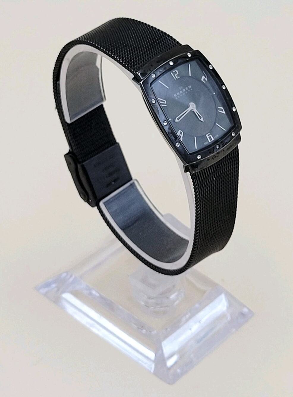 Skagen Denmark Diamond Dial Ladies Black Tone Stainless Steel Vtg